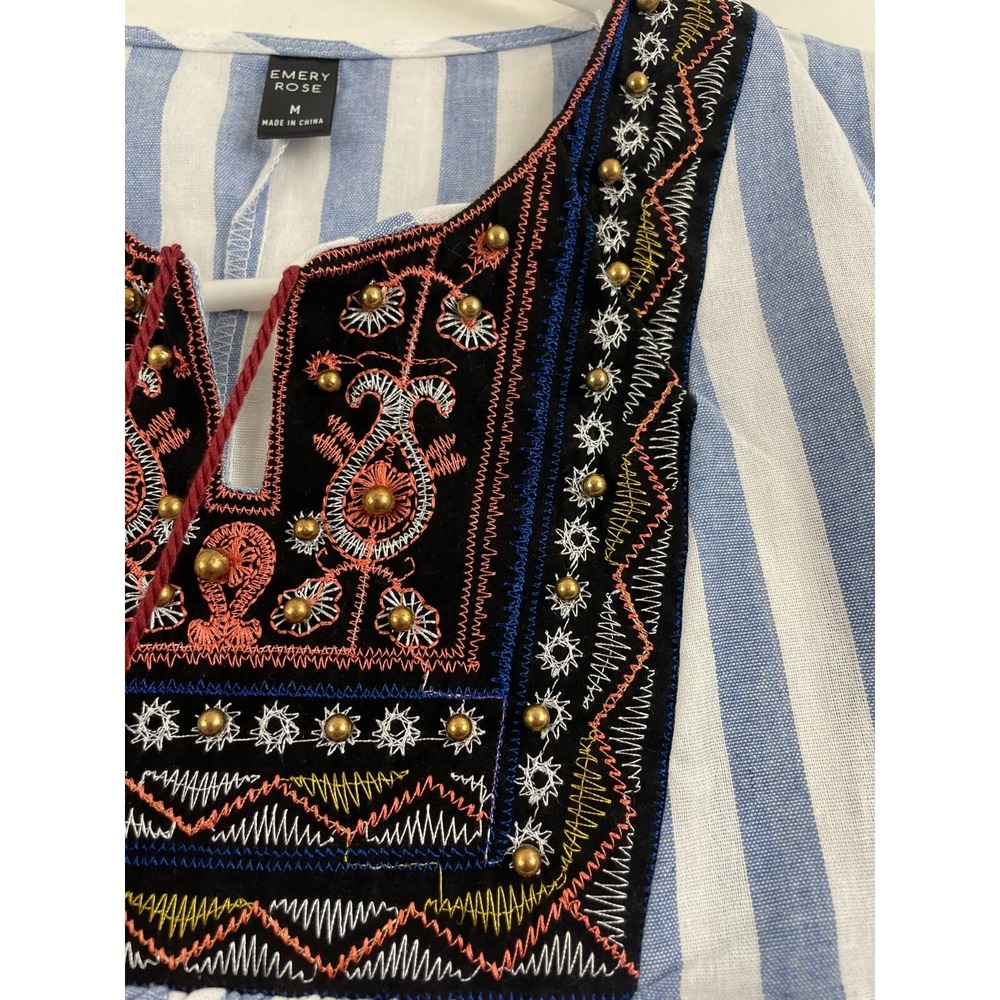 Emery Rose Dress Women's Size M Blue White Striped Midi Bohemian Tassel Necktie - Picture 5 of 9